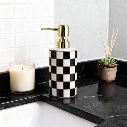 Checkered Bathroom Soap Dispenser,Gold Pump Ceramic Soap Dispenser,Kitchen Checkerboard Empty Pump Bottle,Bath Countertop Storage Organizer,Checkered