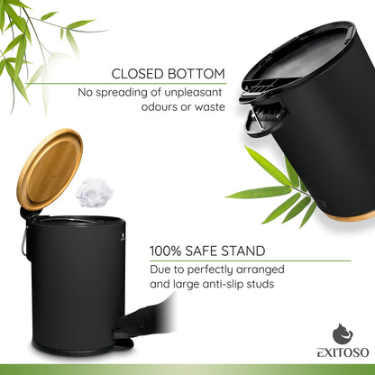 Exitoso 3L Small Bathroom Bin with Lid - Slim Bedroom Bin with Lid - Small Pedal Bin - Small Bin for Bedroom Black Bathroom Bin