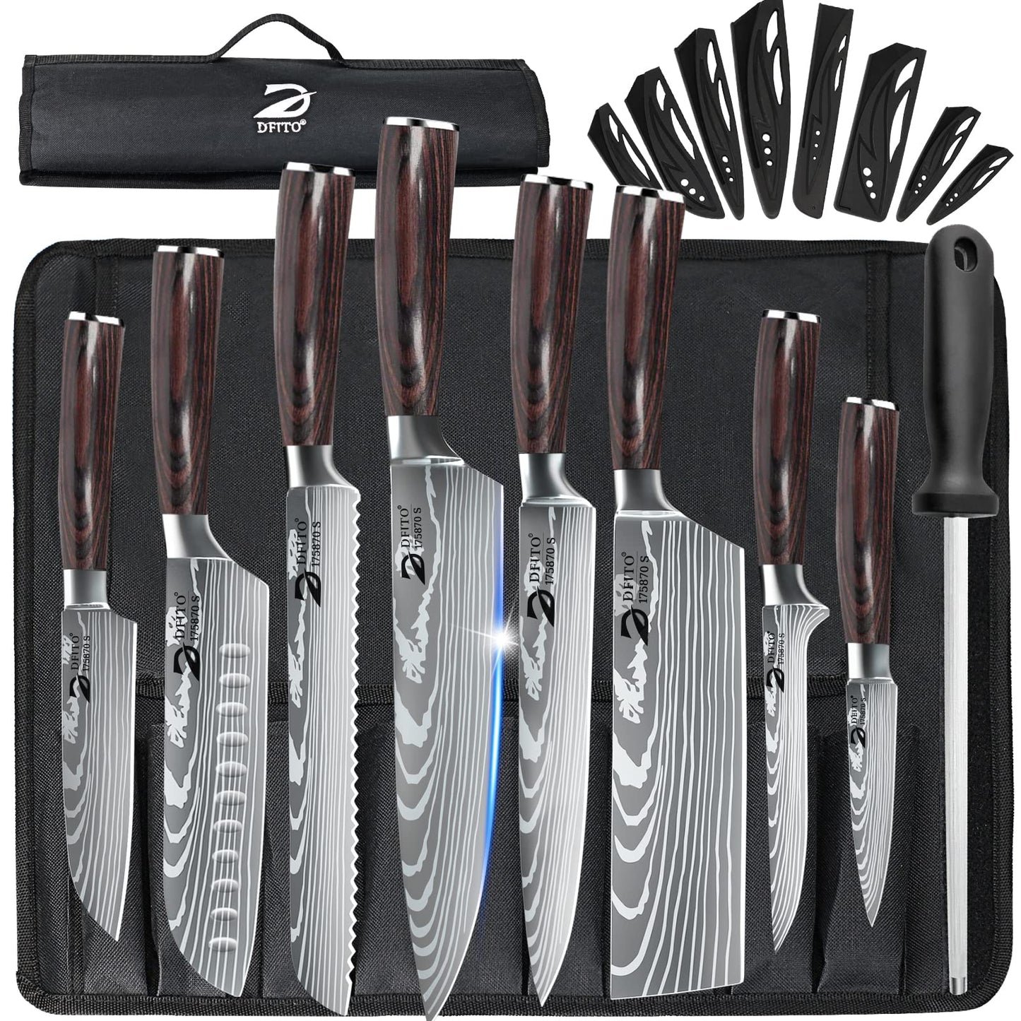 Dfito Chef Knife Sets with Roll Bag, 9 Pieces Professional Knife Set, High Carbon Stainless Steel Kitchen Chef Knife Set, Red Pakkawood Handle,