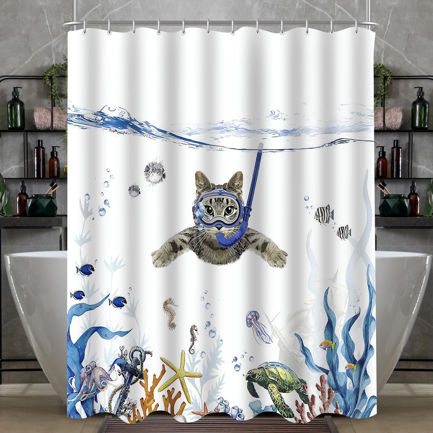 Lerores Shower Curtain 180 x 200 cm, Swimming Cat Design, Textile, Mildew-Proof, Weighted Hem, Waterproof, Washable, Polyester