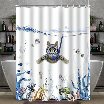 Lerores Shower Curtain 180 x 200 cm, Swimming Cat Design, Textile, Mildew-Proof, Weighted Hem, Waterproof, Washable, Polyester