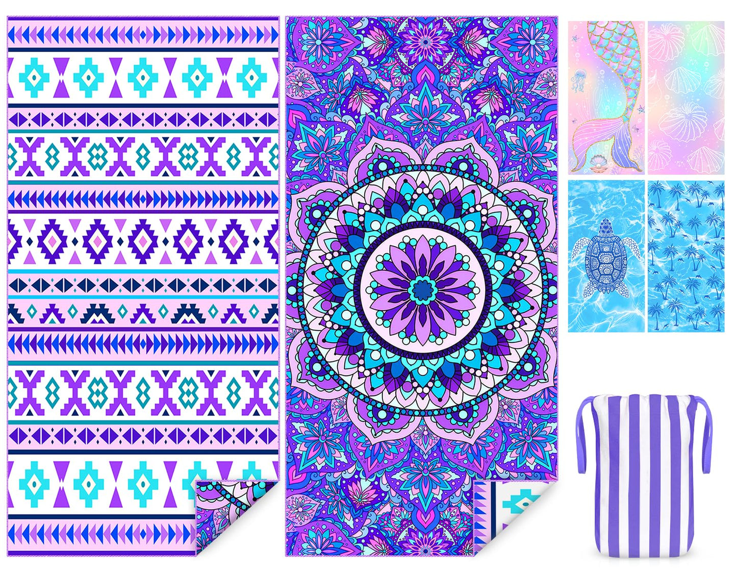COYBTO Microfibre Beach Towel, 180x90CM Double Sided Quick Dry Beach Towels for Adults, Large Bath Towels with Button, Sandproof, Lightweight