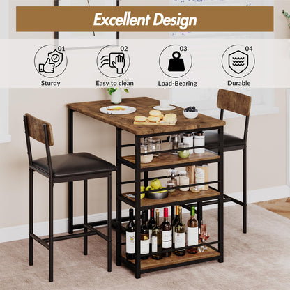 Crevyteg Compact 3-Piece Breakfast Bar Set for Small Spaces - Includes Storage Shelf Table & 2 High-Back PU Leather Stools