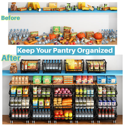 4 Tier Pantry Organisers and Storage Cart with Rolling Wheels, Stackable Metal Baskets for Pantry Shelves