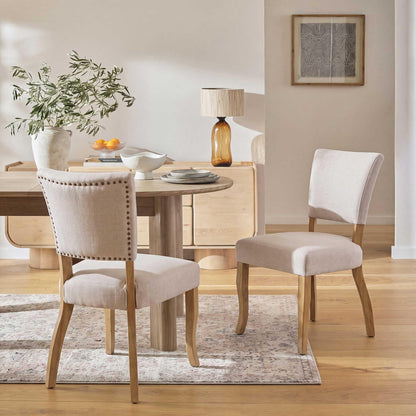 younturn Wooden Dining Chairs Set of 2, Linen Fabric Upholstered Dining Room Chairs with Solid Wood Legs, Open Curved Backrest