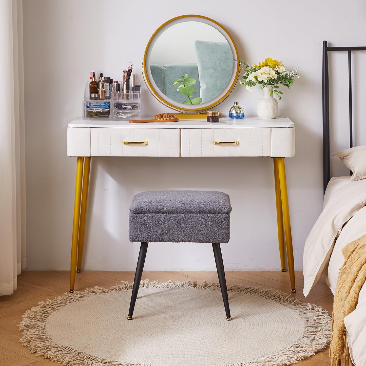 Aibiju Stool Chair for Dressing Table, Faux Teddy Fur Vanity Stool with Storage, Bedroom Ottoman Stool with Metal Legs for Home Living Room, Bedroom,