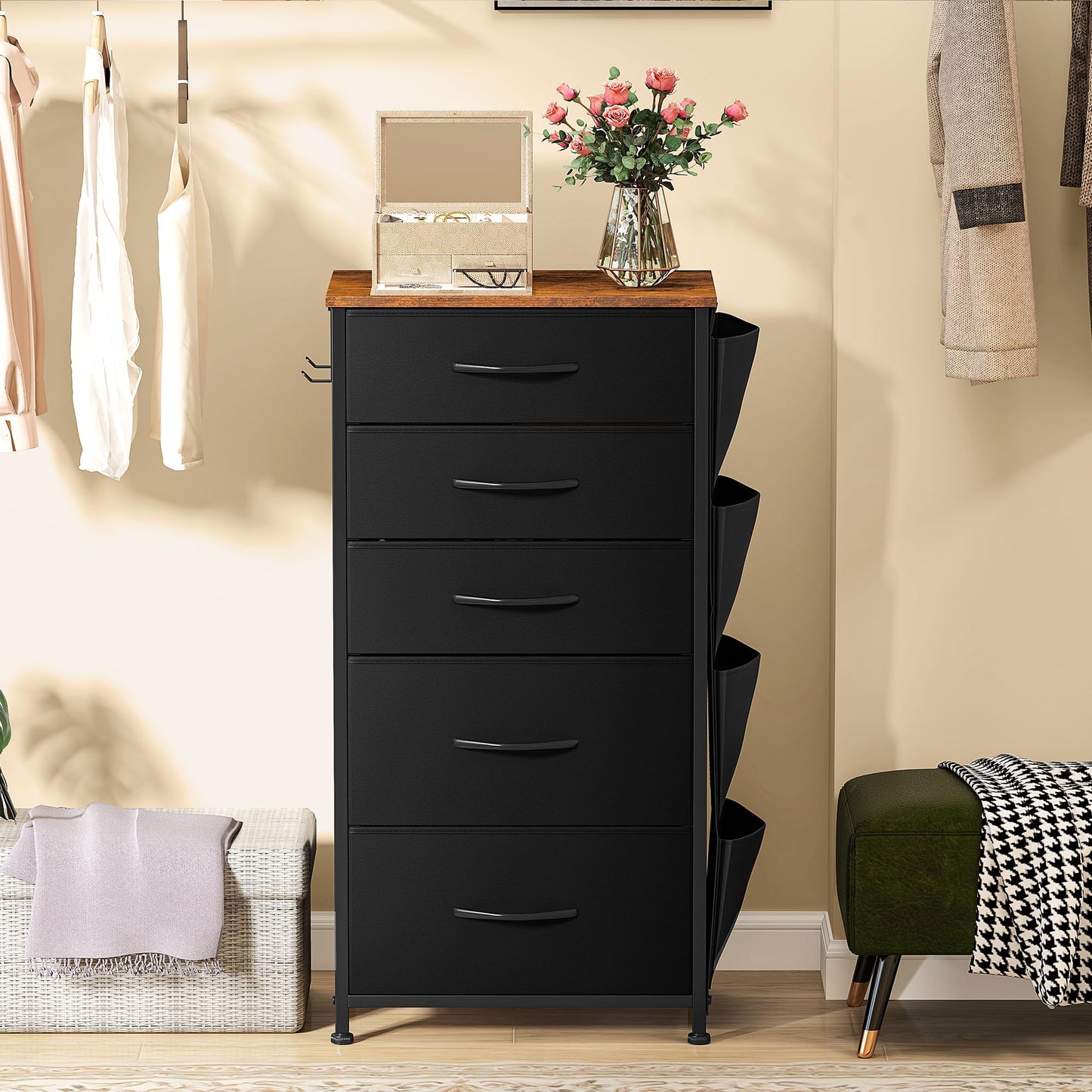 DWVO Narrow Chest of Drawers with 5 Drawers, Fabric Chest Drawers with Side Pocket&Hooks,Easy Pull Handle,Sturdy Steel Frame for Bedroom,Living
