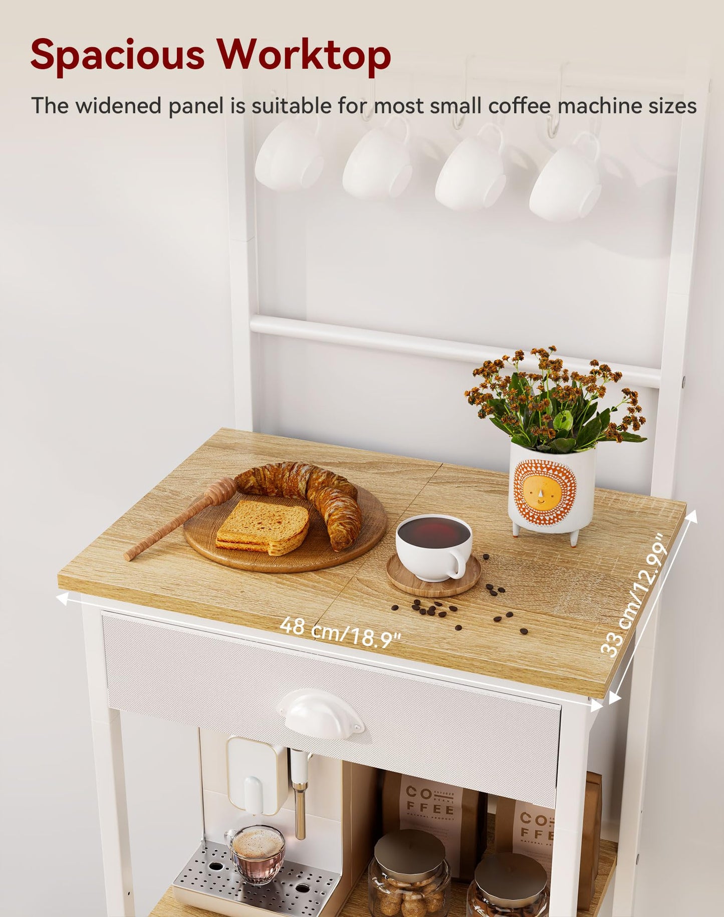 YMYNY 5 Tier Coffee Bar Station, Coffee Stand with Fabric Drawers, 8 S-Shaped Hooks, Corner Bar Cabinet, Height Adjustable, Bakers Rack for Kitchen