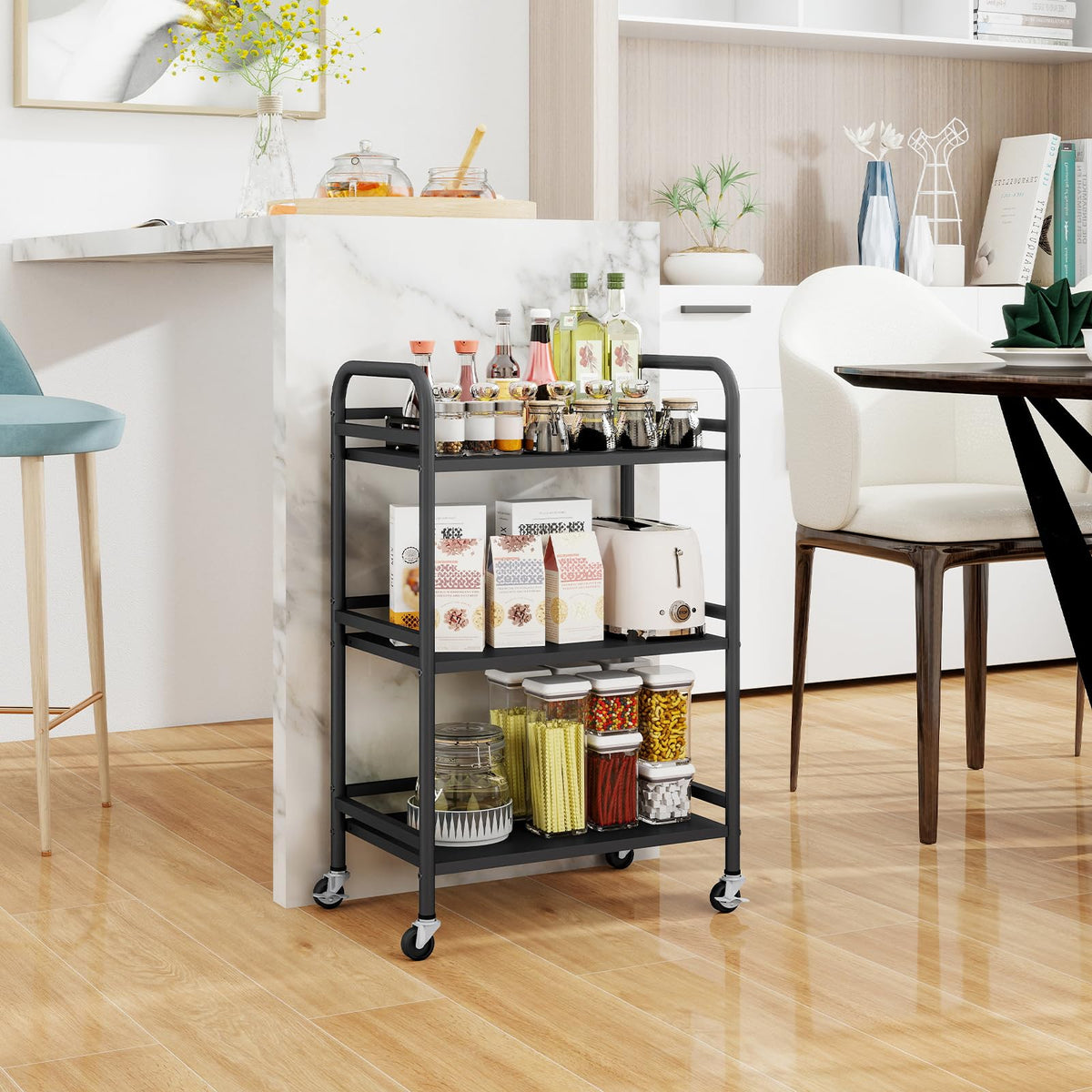 HDANI Serving Trolley,3-Tier Metal Trolley,Black,48x30x75cm