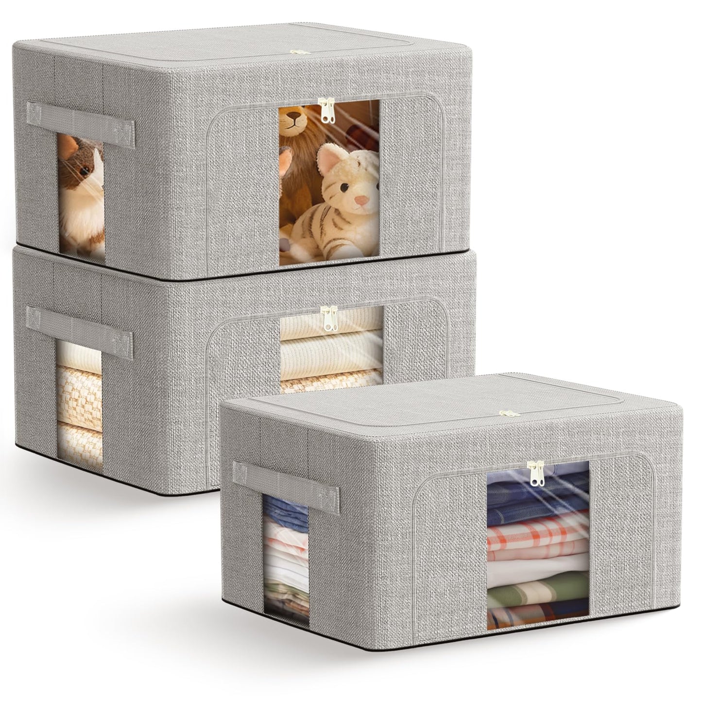 AIOR 3PCS 100L Clothes Storage Bags with Metal Frame, Foldable Fabric Storage Boxes with Clear Windows for Blankets Bedding Comforters