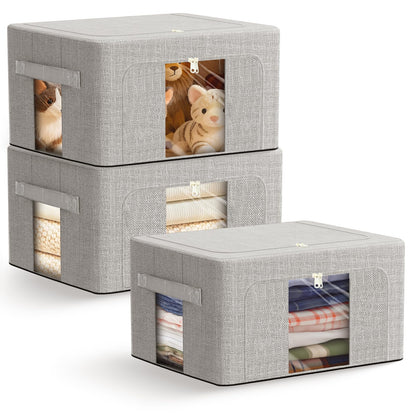 AIOR 3PCS 100L Clothes Storage Bags with Metal Frame, Foldable Fabric Storage Boxes with Clear Windows for Blankets Bedding Comforters