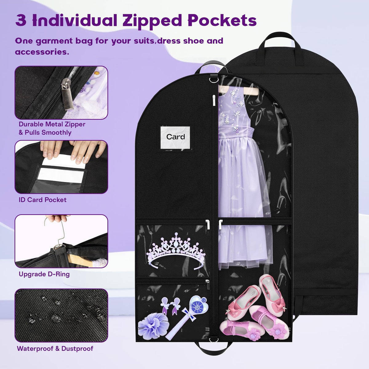Costume Garment Bags for Dancers, Garment Bags with 3 Clear Zipper Pockets, Clothes Covers Protector Bags for Suits, Travel & Sports Jersey
