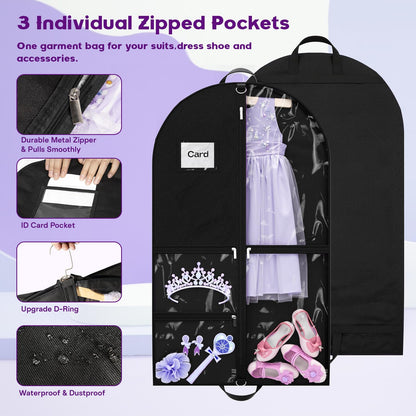 Costume Garment Bags for Dancers, Garment Bags with 3 Clear Zipper Pockets, Clothes Covers Protector Bags for Suits, Travel & Sports Jersey