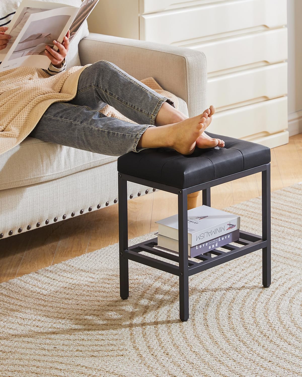 IBUYKE Rectangular Makeup Stool, PU Seat Vanity Chair, Black WBD017B