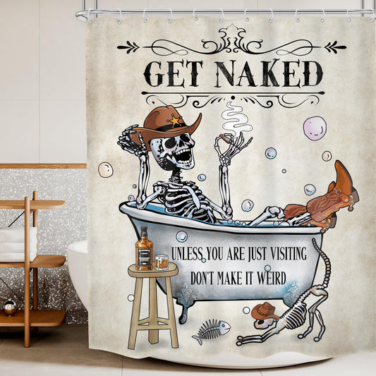Mitpok Western Cowboy Shower Curtain 60Wx72H Funny Skeleton Skull Retro West Vintage Hilarious Gothic Cool Bathroom Decor Cat Fish Bubbles Spooky