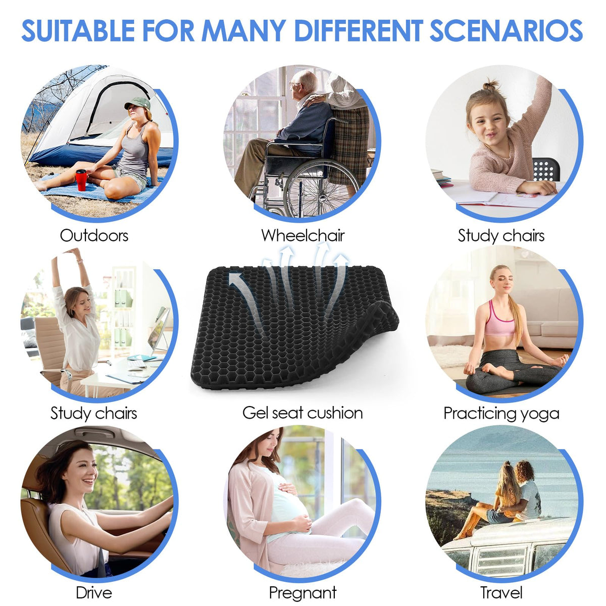 wiksite Gel Seat Cushion, Honeycomb Design Double Thick Gel Cushion with Cloth Cover Ergonomic & Cool Seat Cushion for Home Office Chair Car