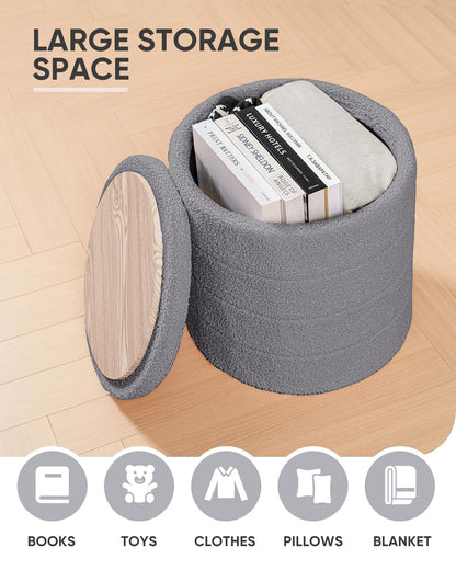 Bonlife Boucle Ottoman Storage, Foot Rest Stool Seat, Folding Footstool for Living Room, Sherpa Ottoman for Bedroom, Grey, 43x43x45 cm