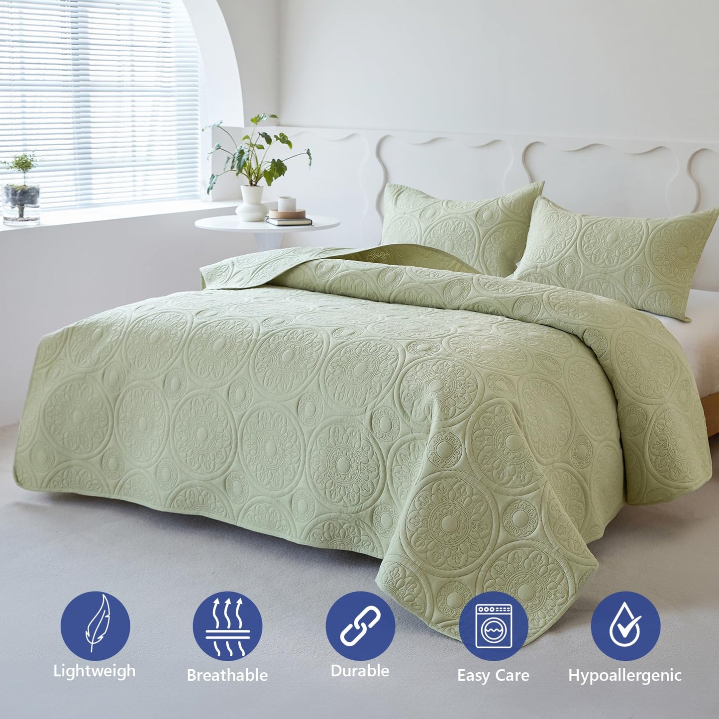 Simple&Opulence Quilted Bedspreads King Size-3 Pcs Soft Reversible Microfiber Bed Spread Coverlet,Floral Embossed Bed Throw Set with 2 Pillowcases for
