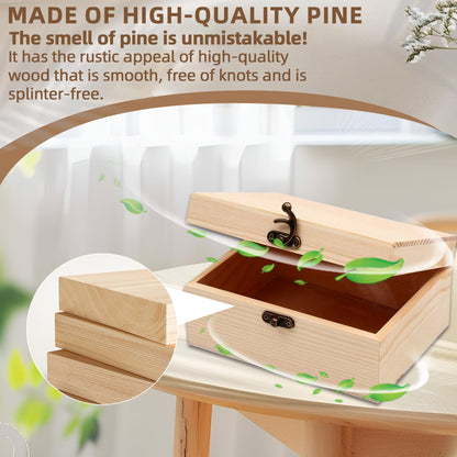 VIKOS Products (2-Pack Unfinished Unpainted Wooden Box with Hinged Lid for Crafts DIY Storage Jewelry Plain Pine Box - Small 6.7"x5.1"x3.1"