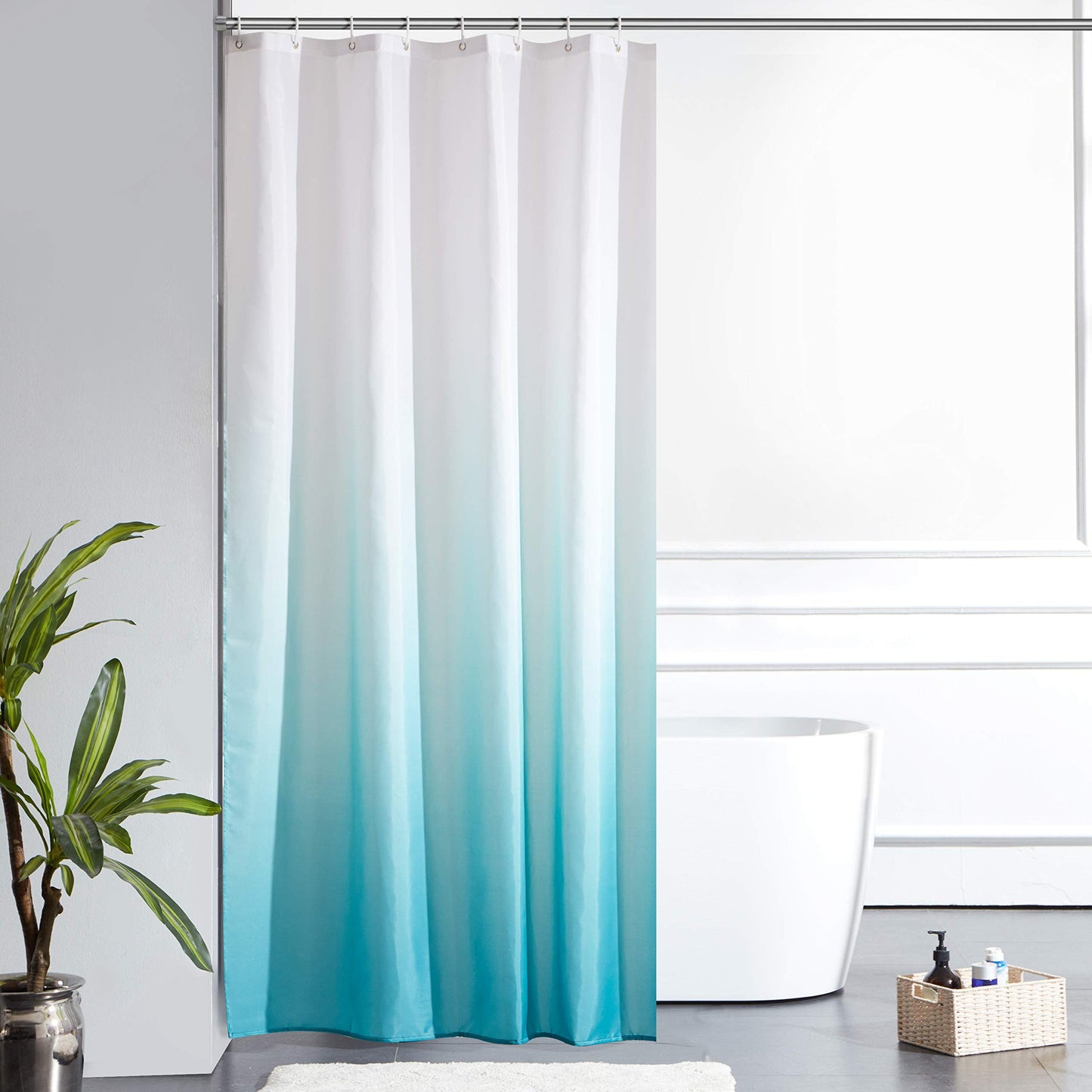 Furlinic Shower Curtains for Bathroom Mould Proof Polyester Fabric Wetroom Bath Curtain Waterproof Washable with 8 Hooks White to Turquoise Narrow