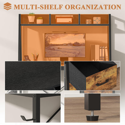Feonase Industrial-Style Computer Desk with 3-Tier Wall-Mounted Shelf & 3 Fabric Drawers – MDF Desktop for Home Office, Study & Organization, Balck