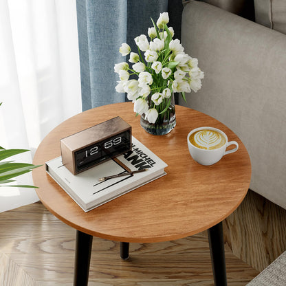 APICIZON Round Side Table, Small End Table with Reinforced Metal Connectors, Walnut Wooden Bedside Table for Living Room, Bedroom