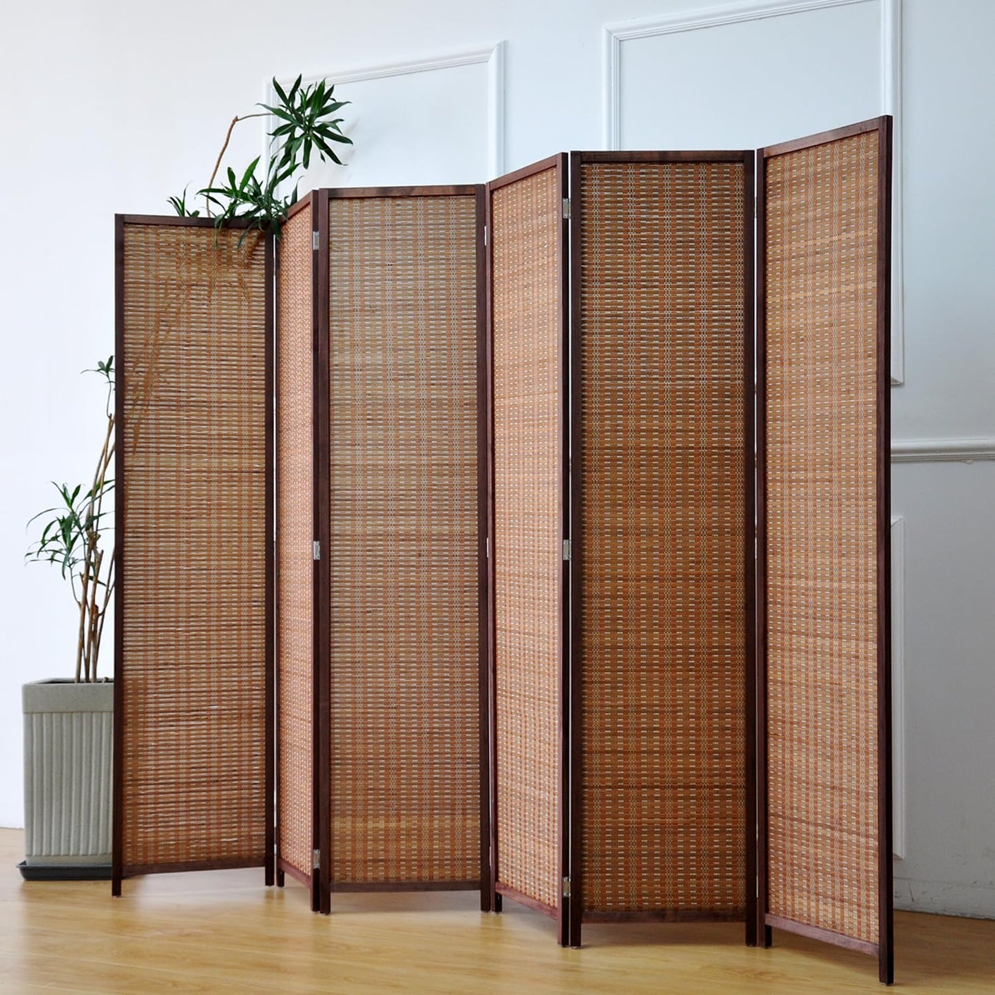 Furnnylane 6 Panel Bamboo Room Divider and Folding Panel Screen,Bamboo Panel Divider for Room Separation,Brown,170 cm H x 234 cm W