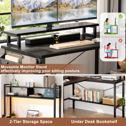 iSunirm L Shaped Gaming Desk with Power Outlets & LED Lights, Small L- Shaped Computer Corner Desk with Monitor Stand & Storage Shelf