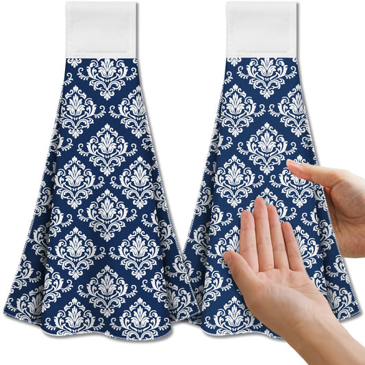 CUTHOLLOW Blue Retro Damask Tea Towels for Kitchen with Loop, Set of 2 - Soft & Super Absorbent Microfiber Decorative Hanging Dish & Hand Towel, Tea,