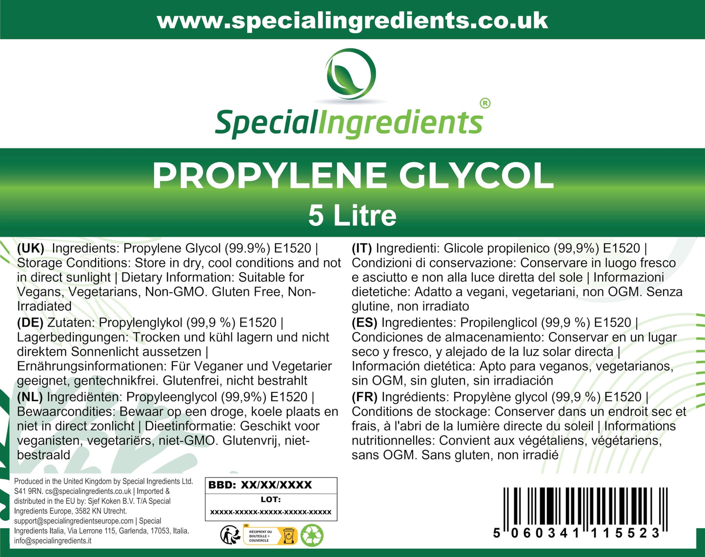 Mono-Propylene Glycol (MPG) 5 Litre Premium Quality USP/EP Pharma Food, Non GMO  Recyclable Container