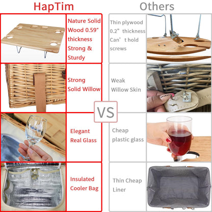 Hap Tim Wicker Picnic Basket for 4 with Mini Folding Wine Picnic Table & Large Insulated Cooler Bag & Cutlery Service Kits for 4 Person, Couples