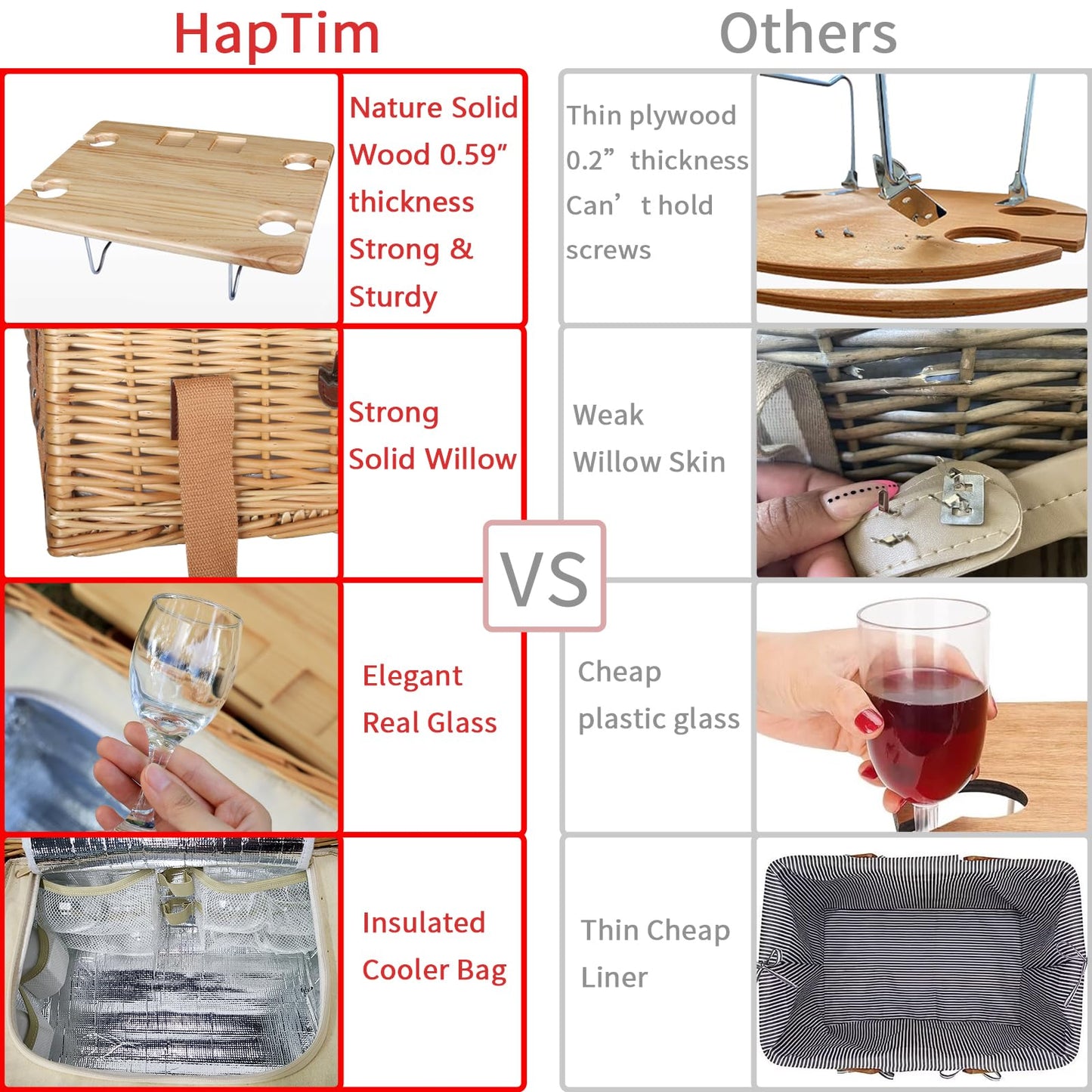 Hap Tim Wicker Picnic Basket for 2 with Mini Folding Wine Picnic Table & Large Insulated Cooler Bag & Cutlery Service Kits for 2 Person, Couples