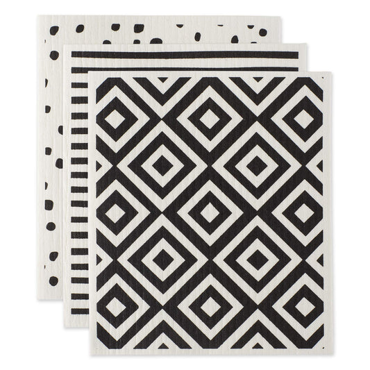 DII Swedish Dishcloths for Kitchen & Cleaning, Reusable, Machine Washable & Dishwasher Safe, Biodegradable, 7.75 x 6.75, Black & White, 3 Piece
