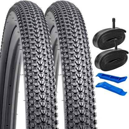 YunSCM 2 Pcs Foldable 26 inch Bike Tyres 26x2.10 ETRTO 52-559 and 26?? Bike Tubes AV32mm Schrader Valve Compatible with 52/54-559 26x2.10 26X2.125