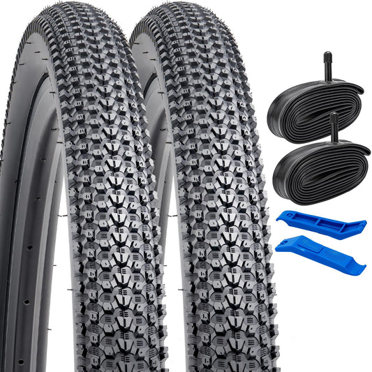 YunSCM 2 Pcs Foldable 26 inch Bike Tyres 26x2.10 ETRTO 52-559 and 26?? Bike Tubes AV32mm Schrader Valve Compatible with 52/54-559 26x2.10 26X2.125
