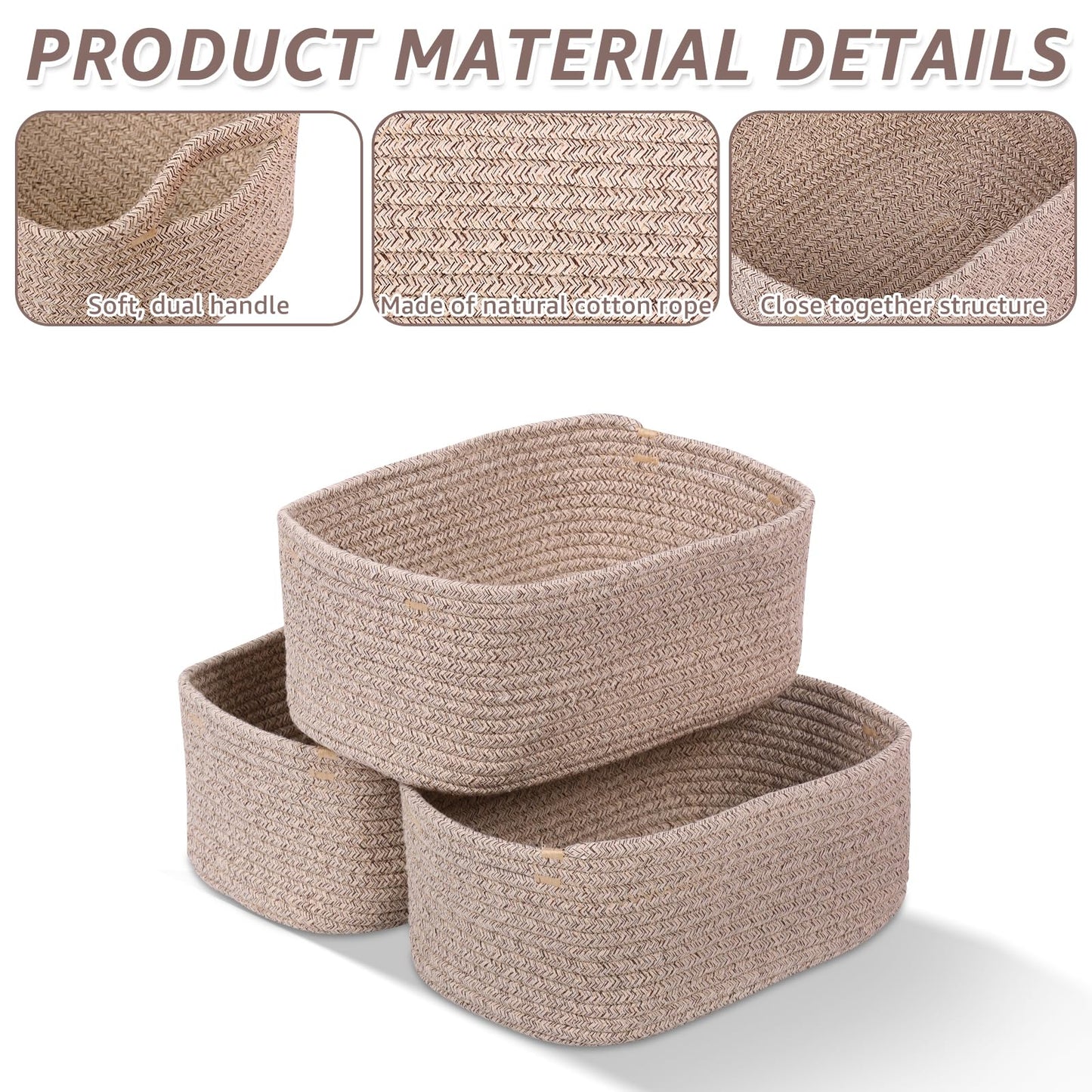 Set of 3 Storage Baskets for Shelves & Nursery, Cotton Rope Woven Basket with Hidden Handle, Empty Baby Gift Baskets