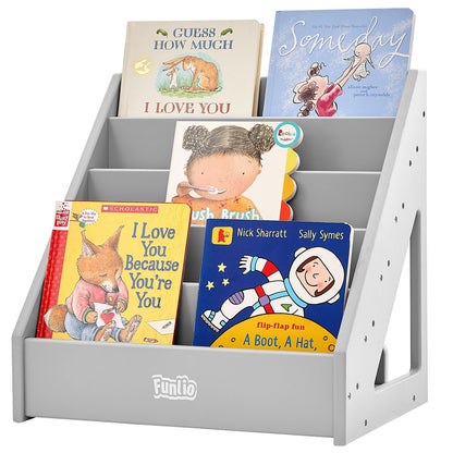 FUNLIO Montessori Bookshelf for Toddlers 1-5 Years, Front-Facing Kids Bookshelf with Handle & Anti-Tilting Device, Premium Pine Baby Bookshelf,