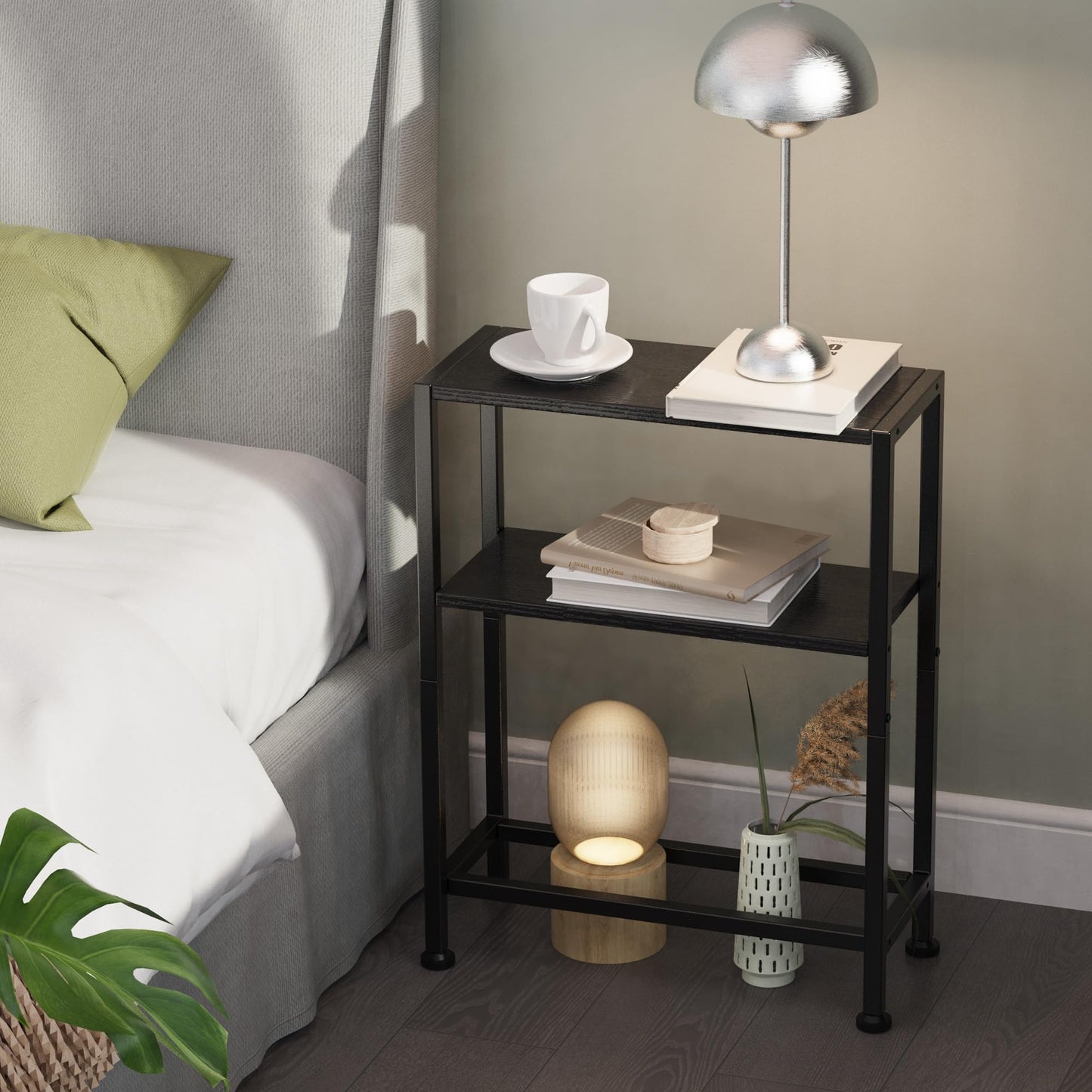 Vantimo Narrow Side Table, 3-Tier Small Shelving Unit, Slim Bedside Table for Small Space, Living Room, Bedroom, Sofa, Couch (Black)