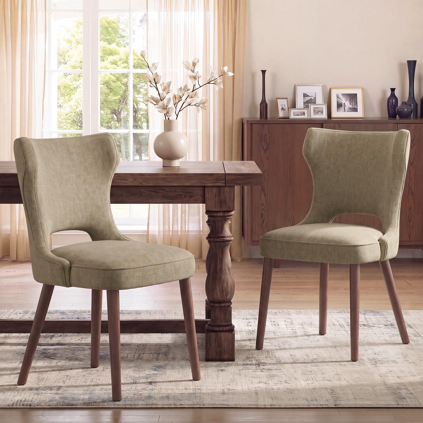MALOL Upholstered Dining Chairs Set of 2, Dining Room Chairs with Hollow Backrest, High Back Kitchen Chairs with Solid Wood Legs, Thick Seat Cushion