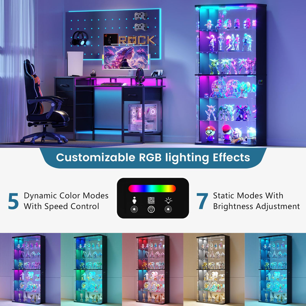 FREDEES Display Cabinet with Glass Doors and RGB Light, 6-Tier, Black