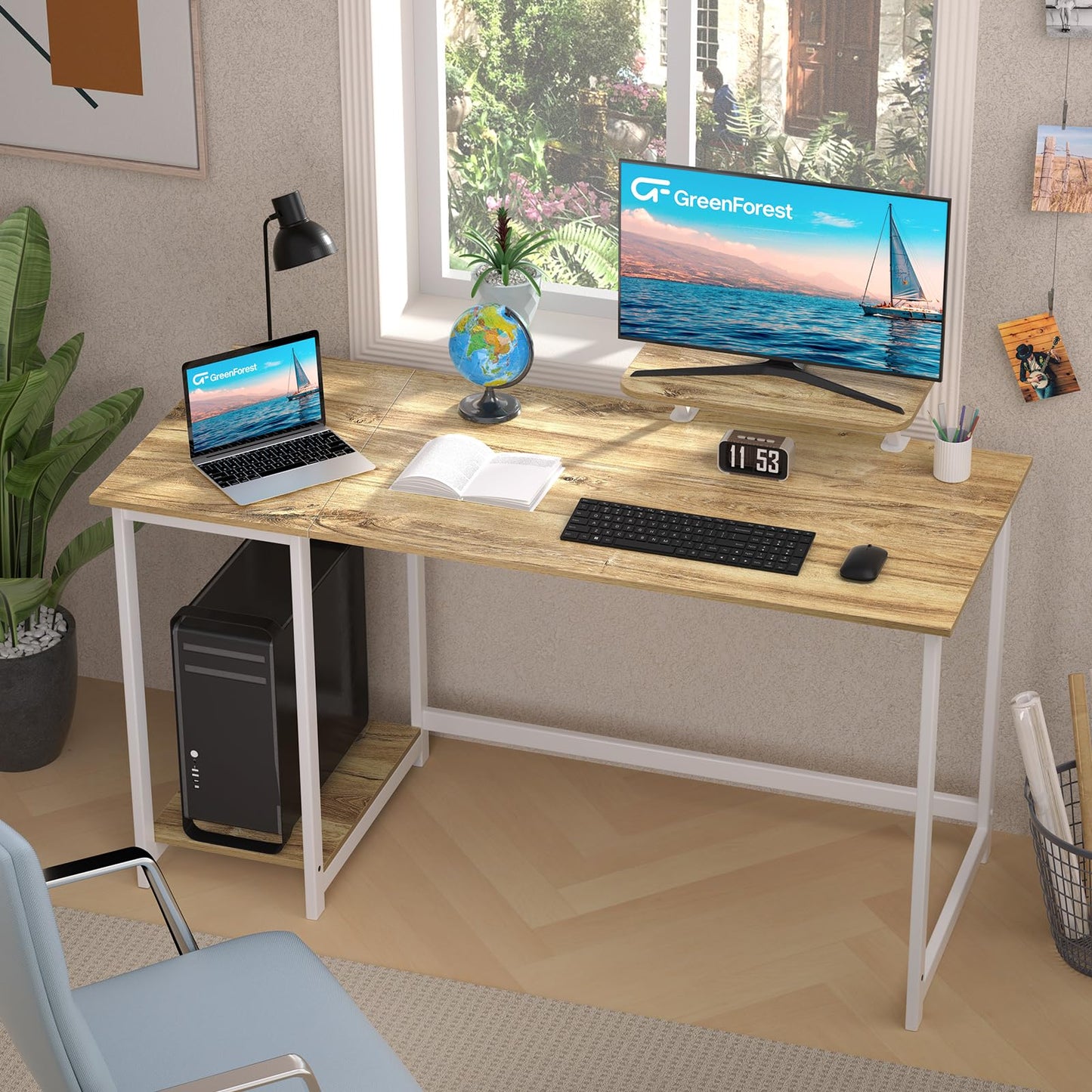 GreenForest Office Desk 140cm with Monitor Stand, Oak