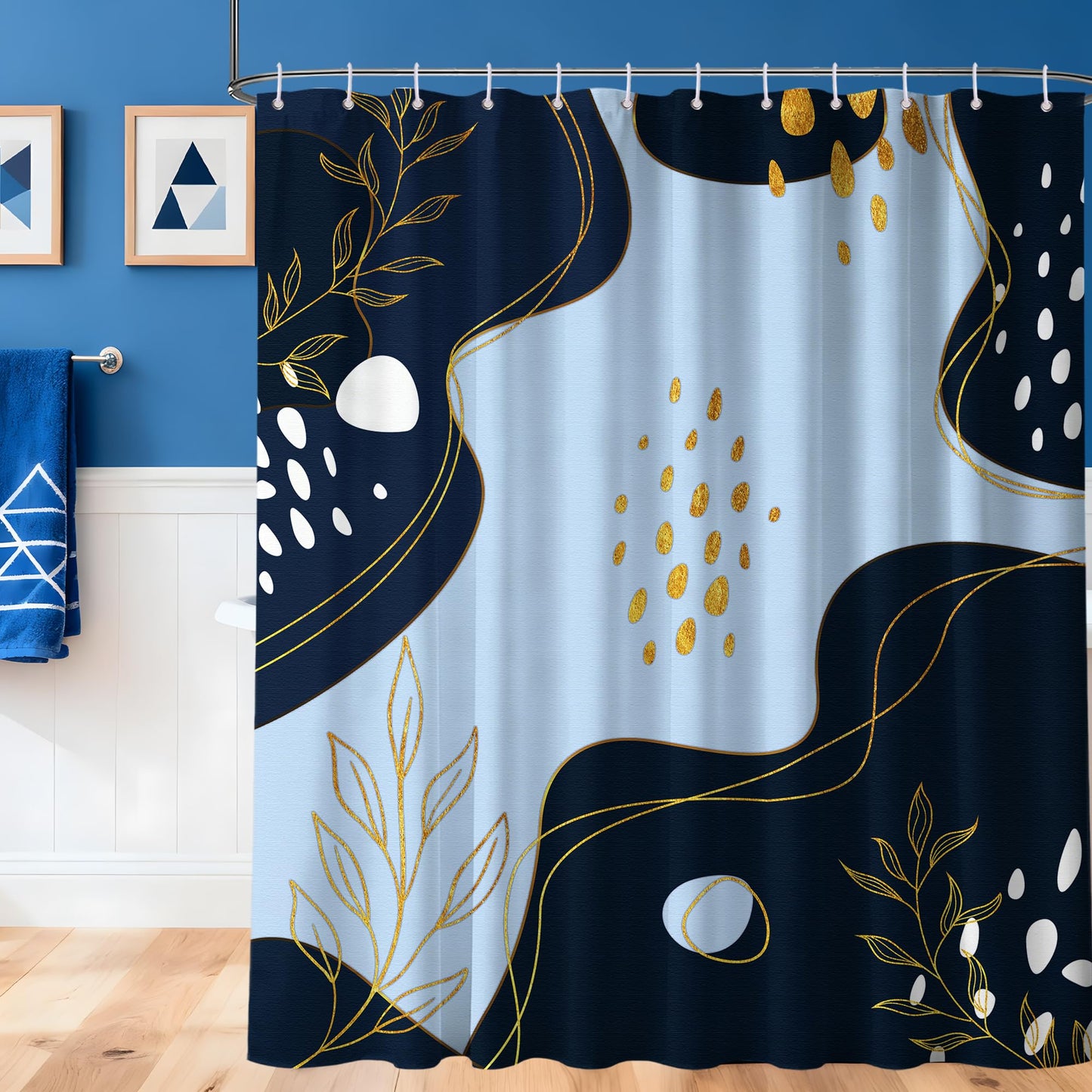 LanZanthic Navy Blue and Gold Shower Curtains for Bathroom Dark Blue Modern Boho Wet Room Shower Curtain with hooks, Mould Proof Resistant