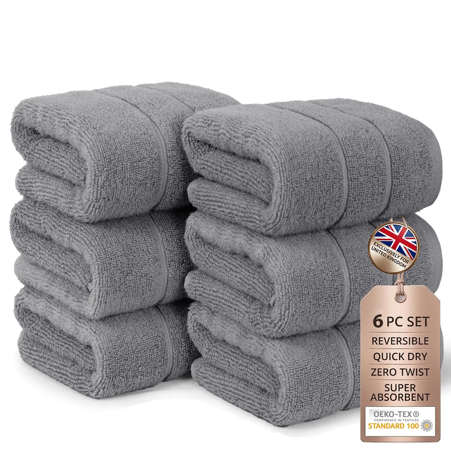 Bathroom Hand Towels 6 Pc Set I Lightweight I Quick-dry I OEKO-TEX I Grey