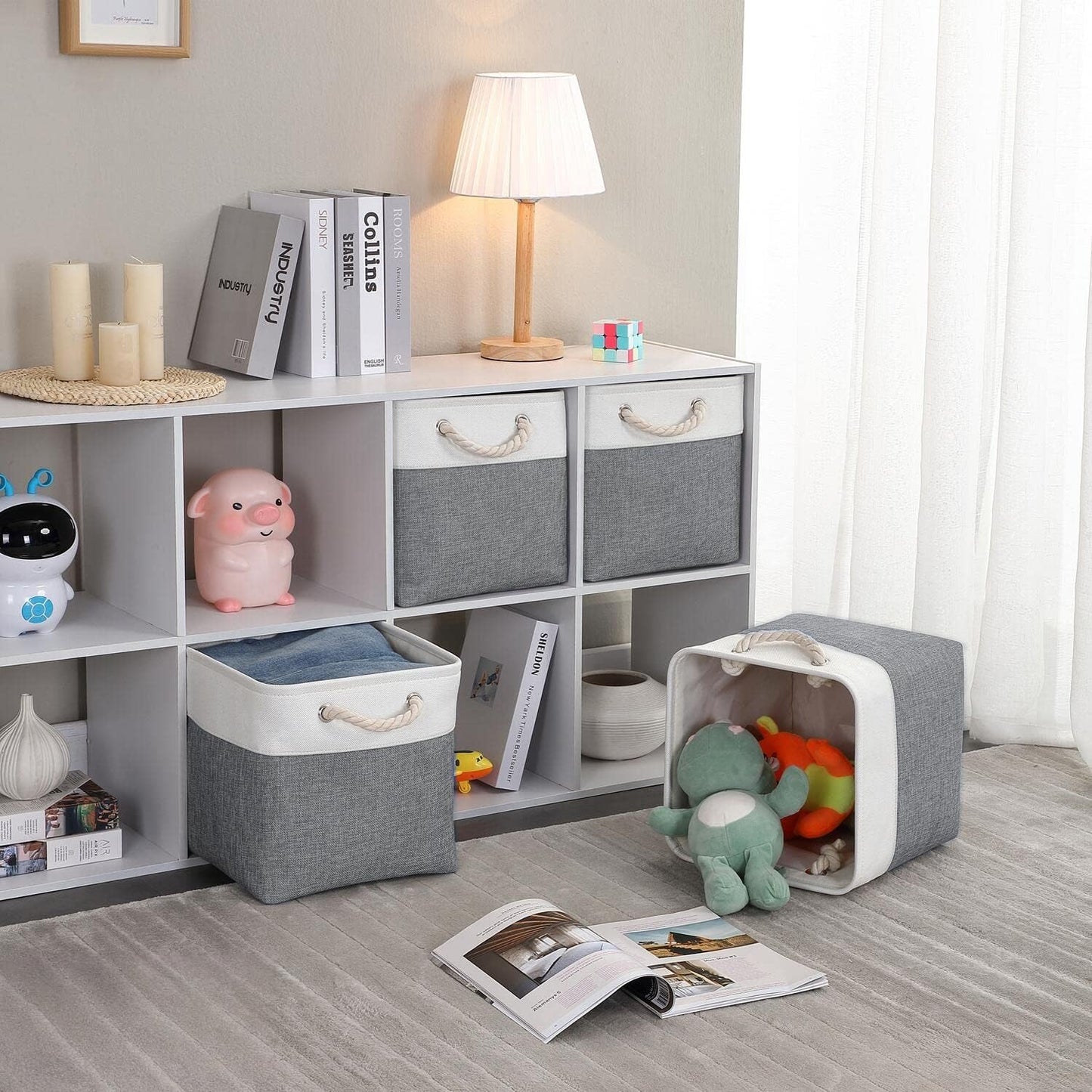 Mangata Canvas Storage Boxes, 28x28x28cm Fabric Storage Baskets for Shelves Organizing Clothes Nursery Home (Cold Grey&White, Set of 3)