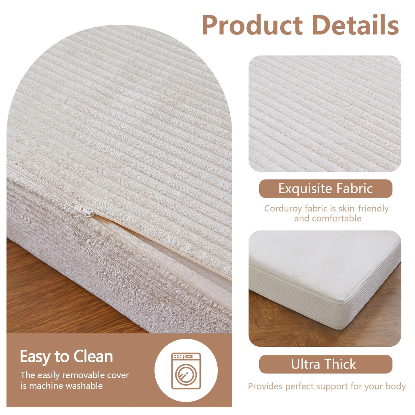MAXYOYO Folding Corduroy Mattress, Tri Fold Floor Mattress 15cm thick with Washable Cover,Foldable in Three,Space-Saving for Guest (Beige, Single)