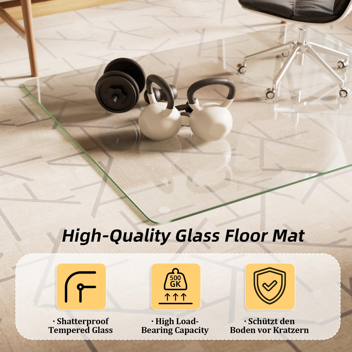 Koonmi Tempered Glass Chair Mat, 137 x 80 cm, Clear