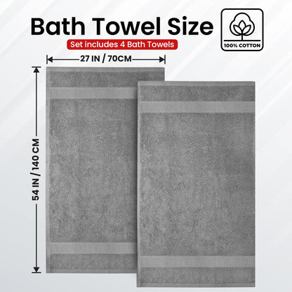 Infinitee Xclusives Bath Towels Set of 4 (70x140 cm) - 100% Cotton, Super Absorbent, Quick-Dry Towels for Bathroom, Spa, Gym & Hotel |Charming Grey|