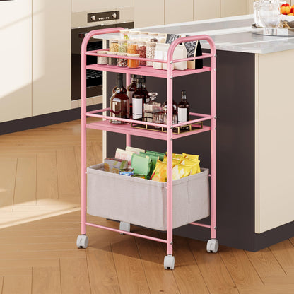 YITAHOME pink metal trolley on wheels, 3 Tier kitchen trolley, storage trolly with Woven Basket, Lockable Wheels, Handle, book cart for office