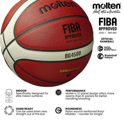 Molten BG4500 Basketball, Match Ball, BBL & WBBL, FIBA Approved, Premium Composite Leather, Indoor Play, Orange/Ivory, Size 7, Suitable For Boys age