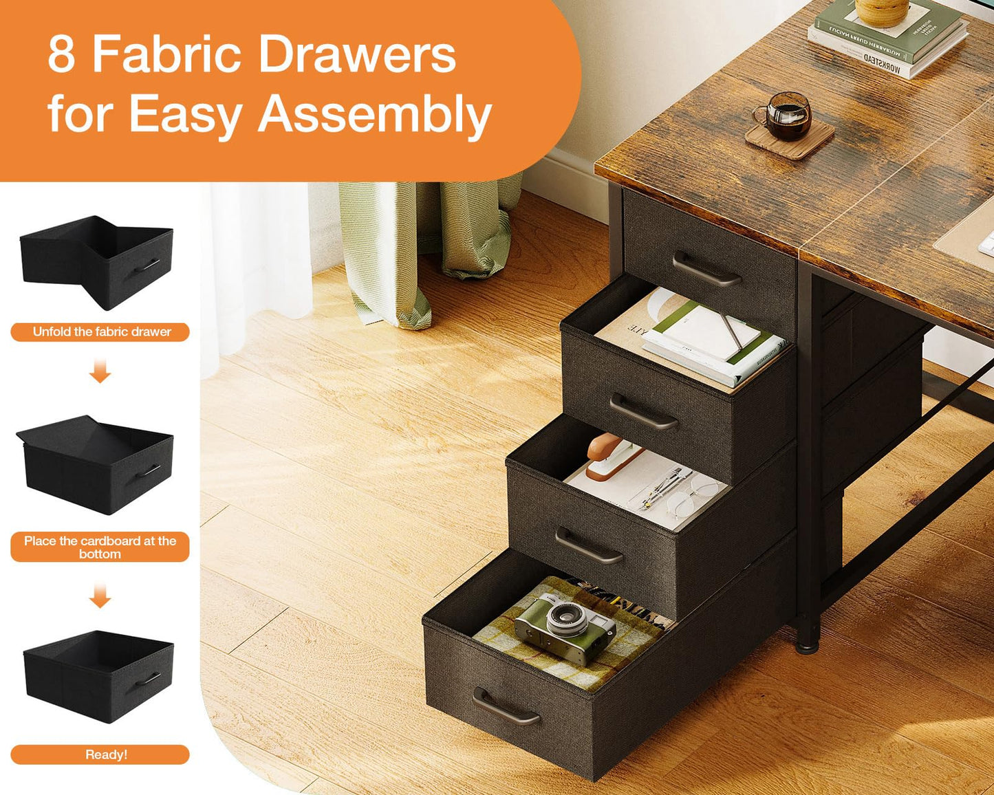 Coleshome Computer Desk with 8 Fabric Drawers, Office Desk with Storage